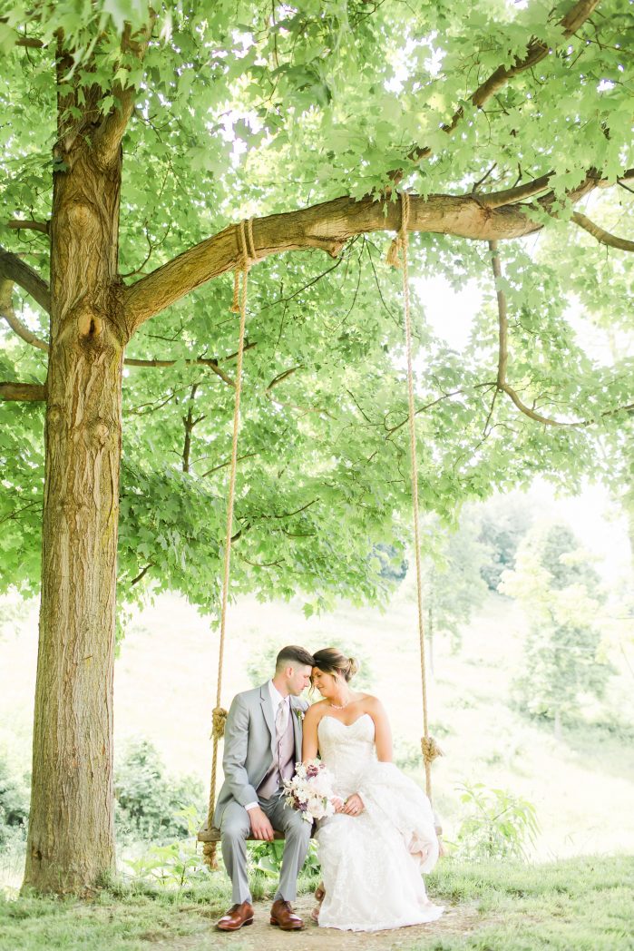Bride and Groom Photo on tree swing at Rivercrest Farm Wedding Photographer Akron Ohio
