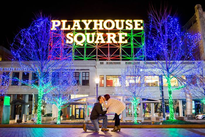 christmas proposal, downtown cleveland, playhouse square holiday lights, akron wedding photographer