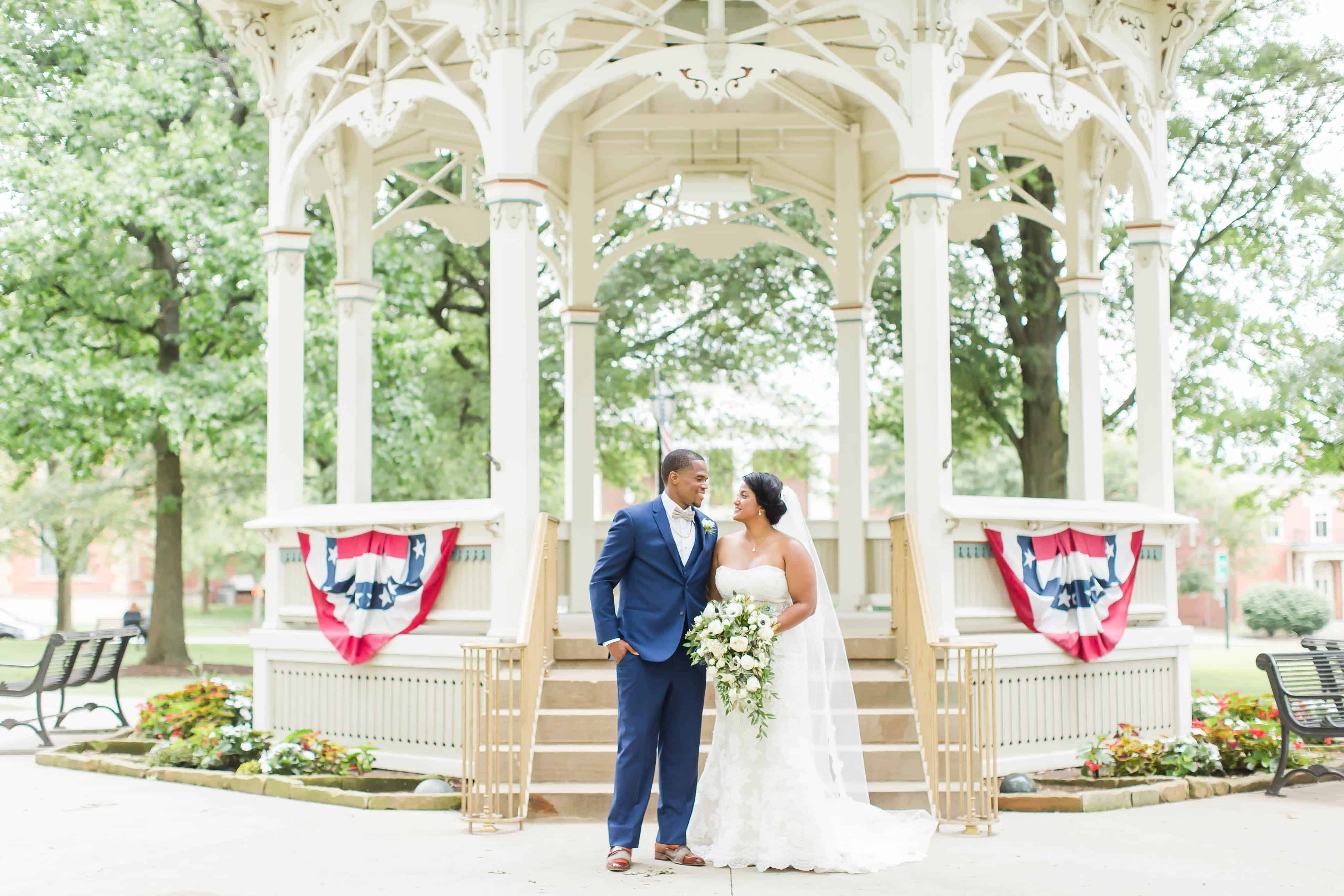 bride and groom staring at each other at the Medina Square in Ohio photographed by Akron wedding photographer